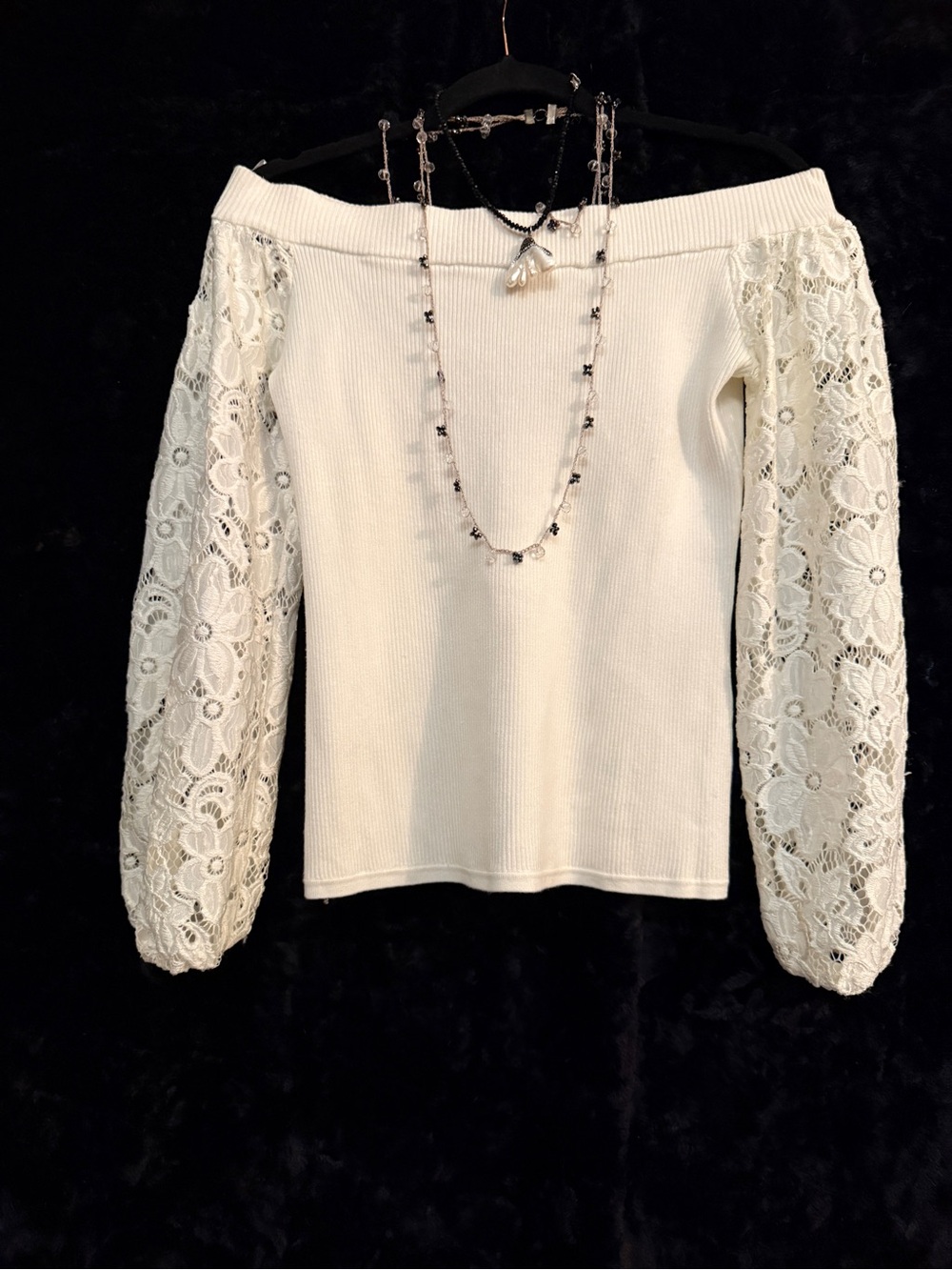 Off-Shoulder Lace Sleeve Knit Tunic - White